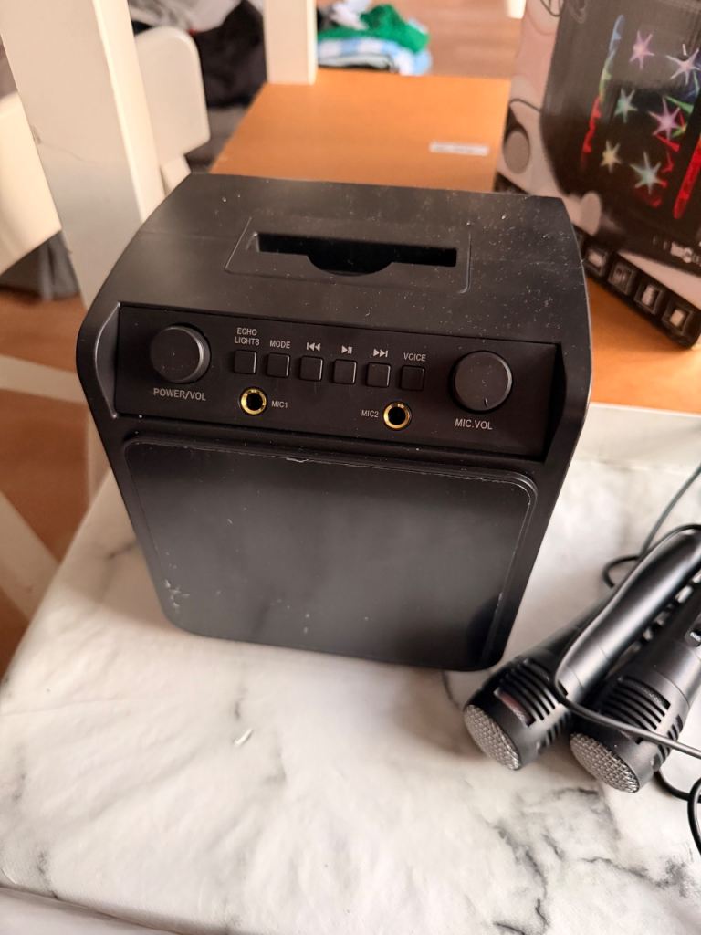 Black karaoke speaker with wired microphones