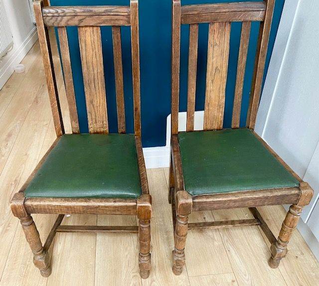 VINTAGE PAIR OF OAK DINING CHAIRS, GREEN SEAT COVERING, WOODEN, COUNTRY ARTS & CRAFTS IDEAL UPCYCLE