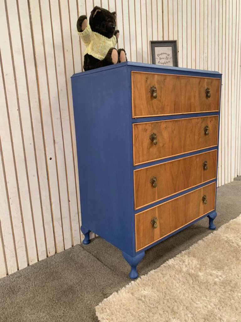 Upcycled 4 Drawer Chest in a Shabby Chic Blue Ink Colour on Queen Ann Legs.