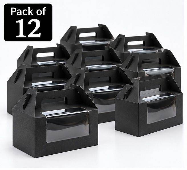 Emartbuy 12x Black Kraft Gable Gift Boxes Clear Window Handle 16.5x9.2x9cm