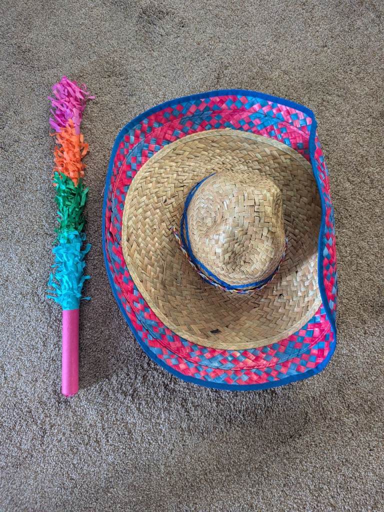 4x Adults mexican Straw Sombrero and Fiesta Stick – Multicoloured, Good Condition