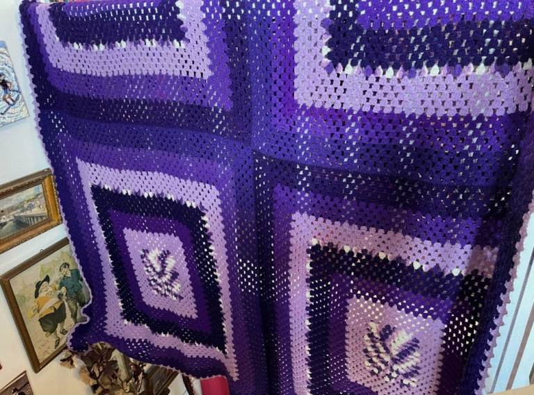 image for Vintage Large Hand Knitted Crochet Blanket Bedspread Throw Purple 78&quot; x 84&quot;