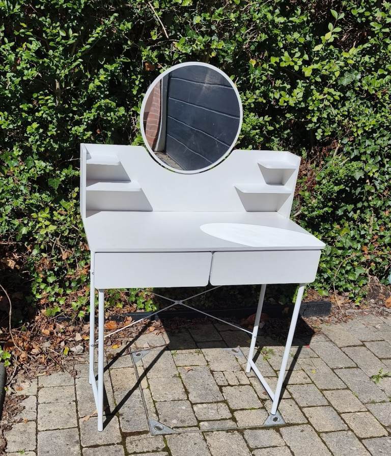 White Dressing Table with Built-in Mirror and Storage
