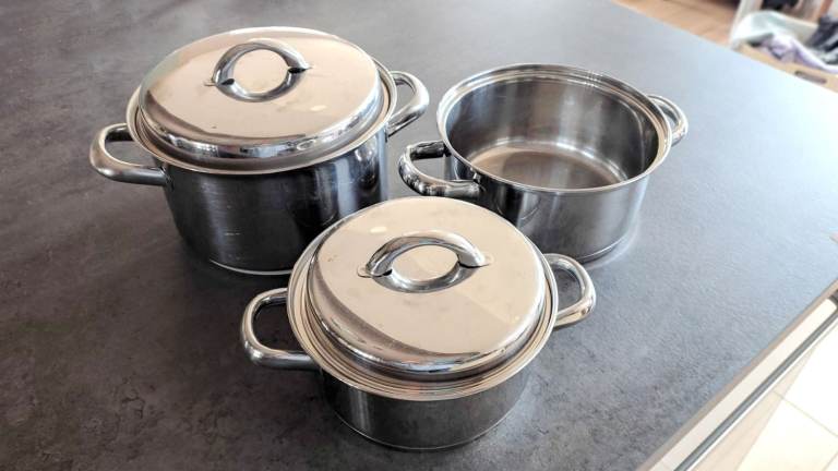 3 John Lewis Classic Stainless Steel double-handed saucepans/casseroles