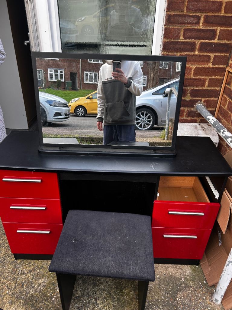 Red and black dressing table, black mirror and matching bedside cabinets 