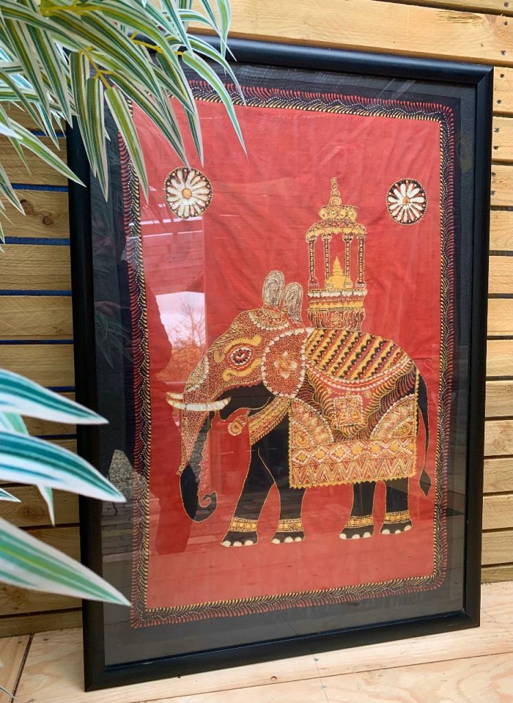 image for Asian Black Fram Batik Silk Textile Wall Art Picture of Decorated Elephant from Sri Lanka