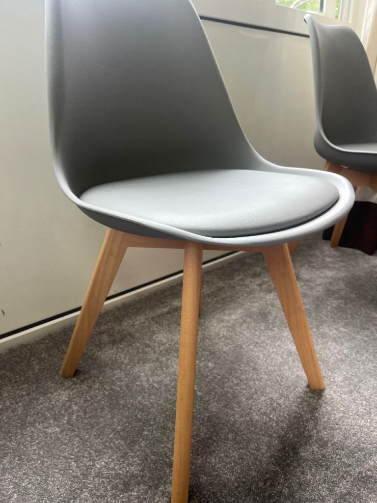 Four Modern Grey Plastic Dining Chair with Wood Legs