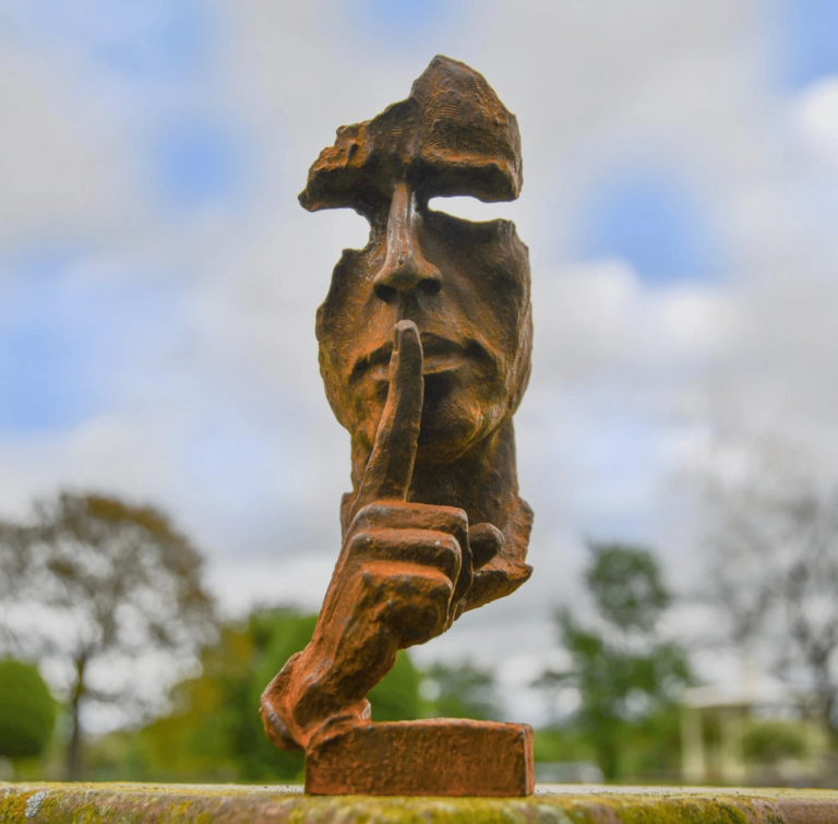 Rustic Cast Iron Abstract "Shushing" Head Bust Garden Sculpture