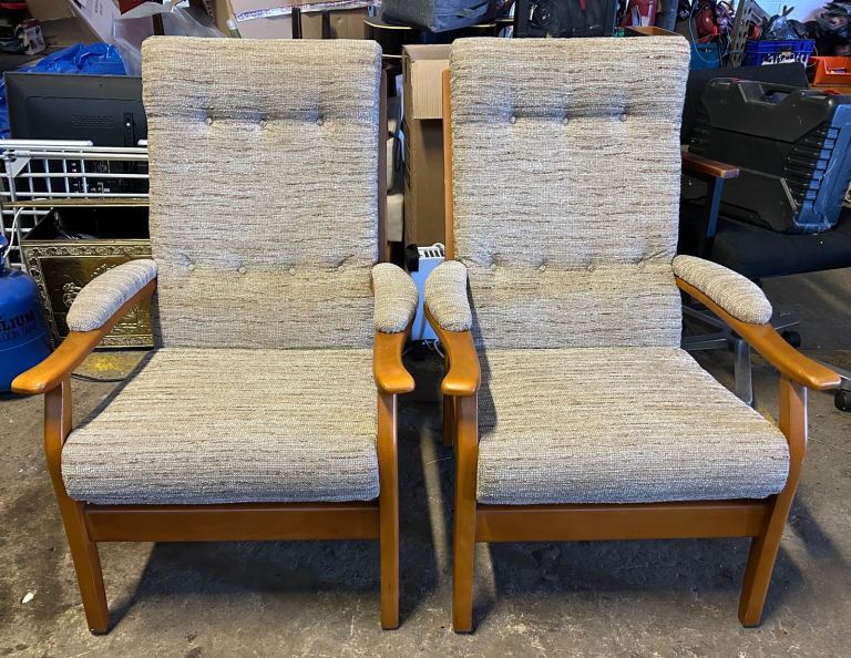 2 Mid Century Teak Cintique Armchairs 