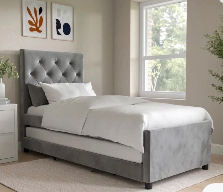 Single Grey Velvet Guest Bed with Trundle that becomes a Double bed.