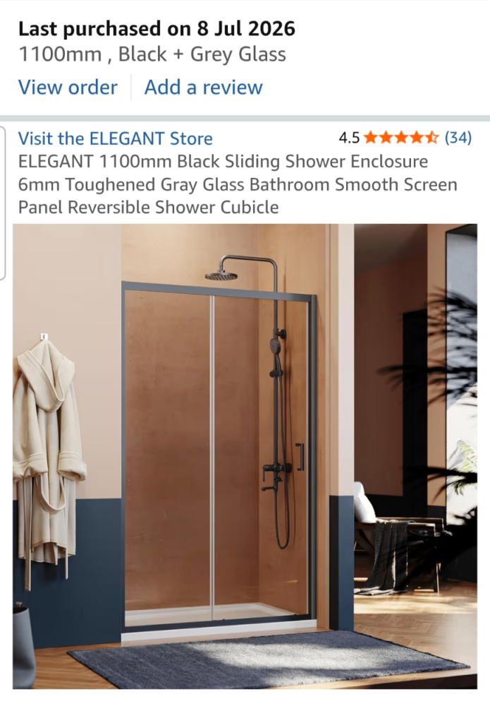 ELEGANT 1100mm Black Sliding Shower Enclosure - As Good As New