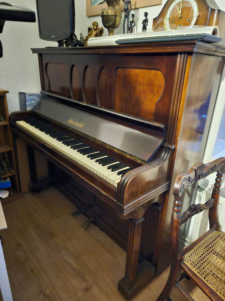 Antique 1900's Russell & Russell OVERSTRONG Mahogany Case Piano & Stool 
