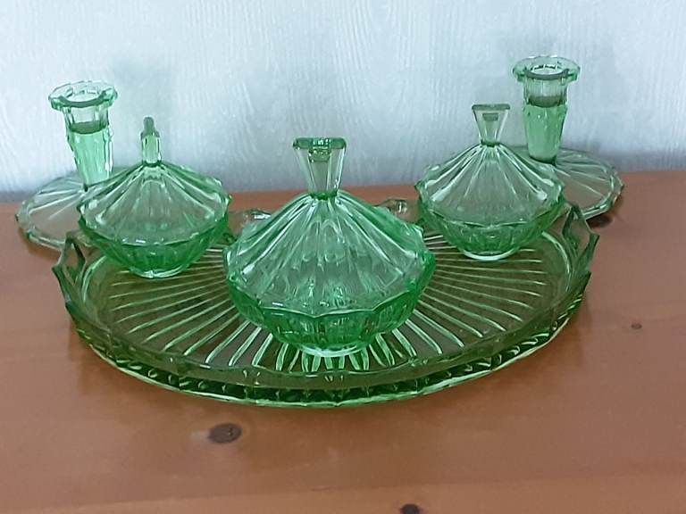 green glass dressing table set 5 PIECE GREEN GLASS DRESSING TABLE SET – NUWE ROAM main image 1