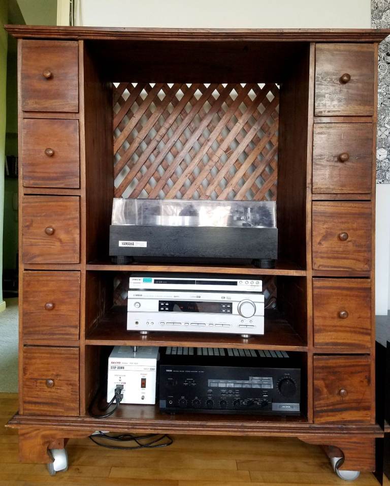 Handmade Indonesian solid Teak Hi Fi Stereo Cabinet with CD Storage & wheels