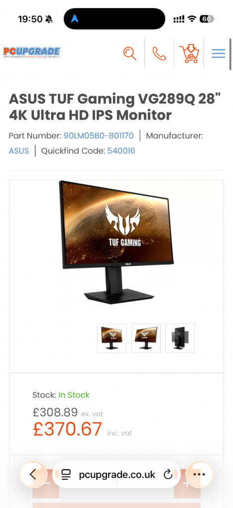 150£ for 2x ASUS 28" TUF Gaming VG289Q 3840x2160 4K IPS 60Hz FreeSync Widescreen LED Gaming Monitor