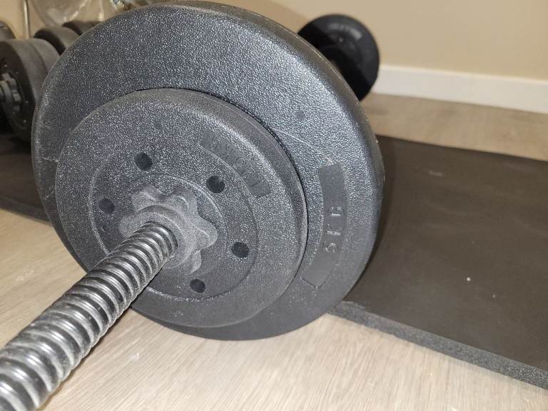 Barbell and dumbell sets with weights and a kettle bell kettlebell