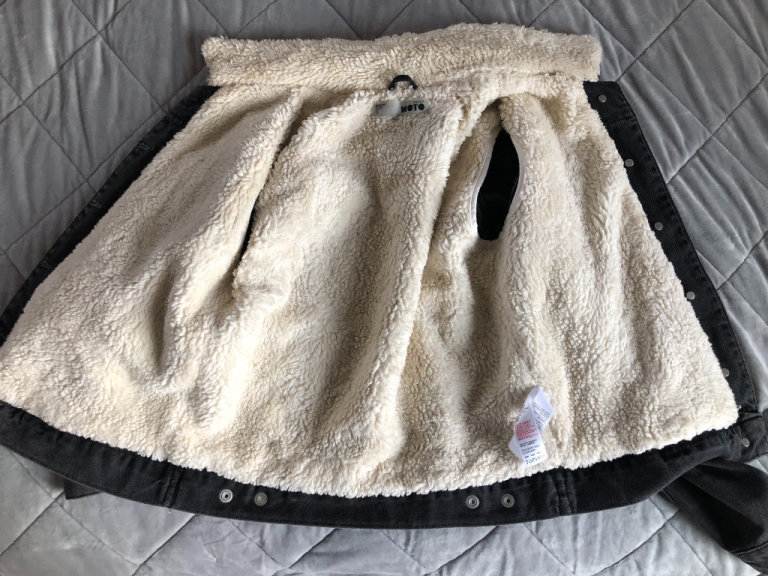 Topshop Moto black denim fleece-lined jacket UK 6 VGC ONO