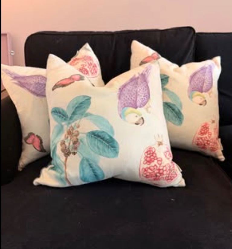 3 Sanderson parrot pillows with pale turquoise green back panels £60 for 3