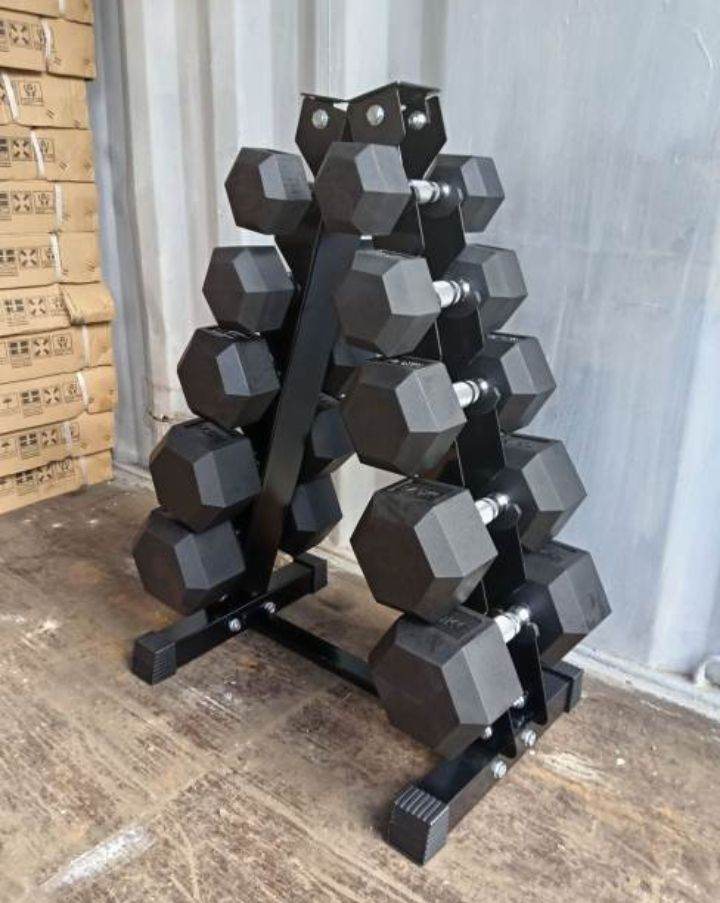 5 Tier Pyramid Dumbbell storage rack with 5 pairs of Hex Dumbbells. 5kg, 7.5kg, 12.5kg, 17.5kg, 20kg