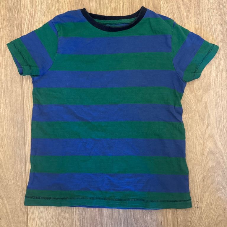 Boys M&S Blue and green horizontal striped T-shirt - UK 4/5 yrs