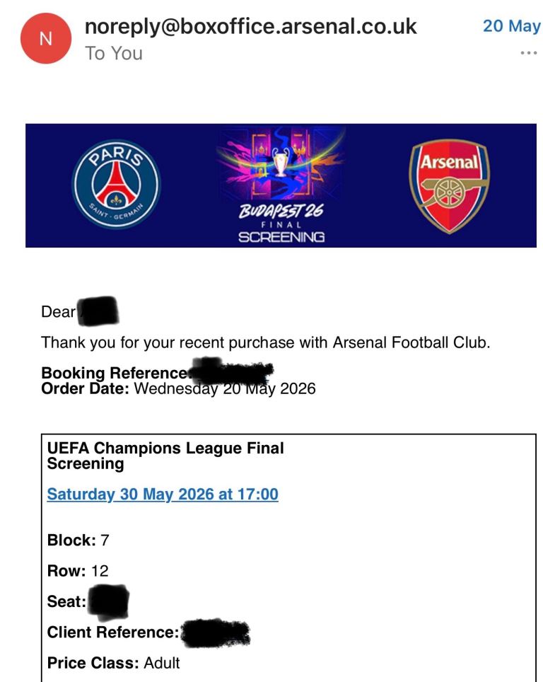 1 x Arsenal Vs PSG CL Final Screening at Emirates Stadium