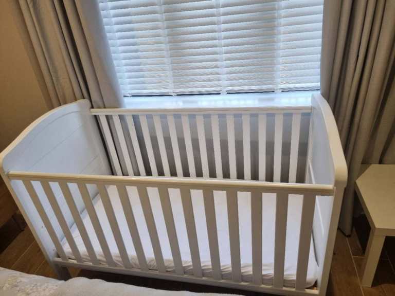 White Cot Bed - Converts to Toddler Bed - with green sheep mattress 