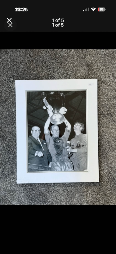 Vintage Black & White Football Photo with Trophy – Good Condition