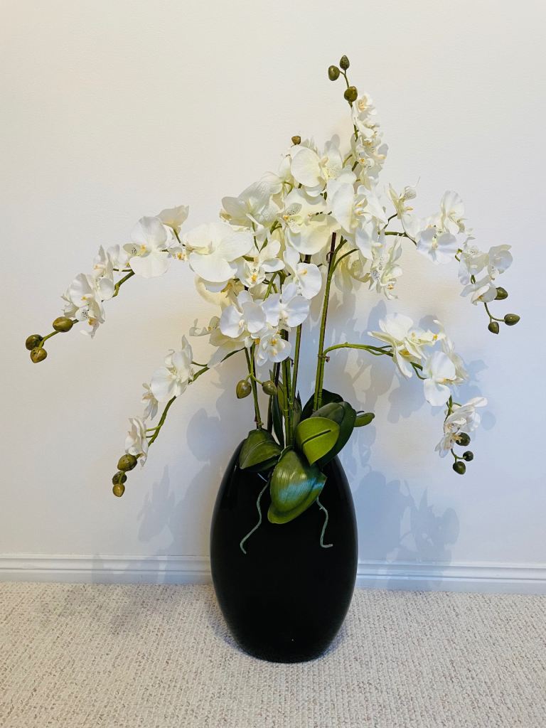 Artificial White Orchid Arrangement in Black Ceramic Vase 3ft Lifelike Plant