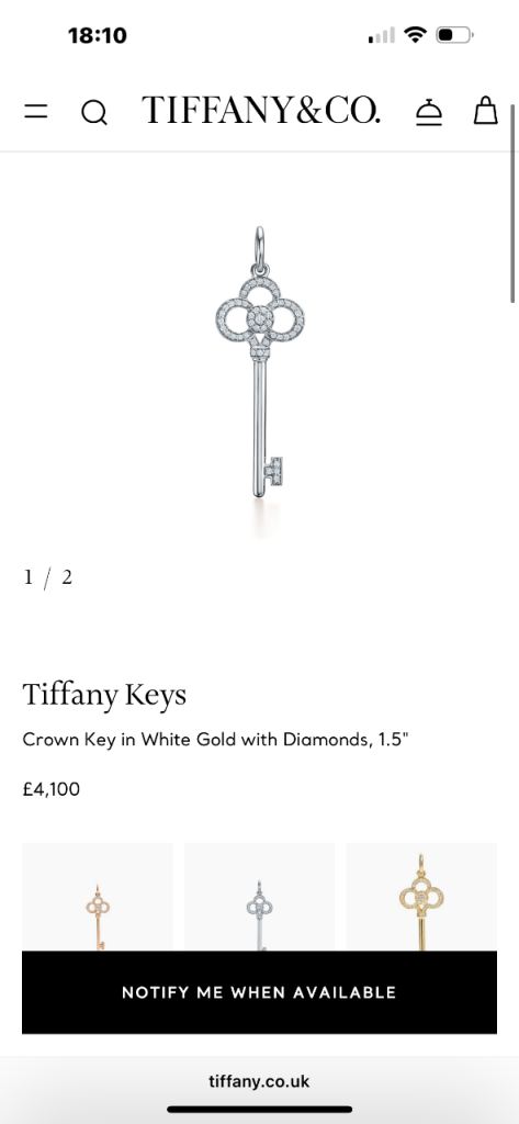 Tiffany & Co. White Gold Diamond Crown Key Pendant & original chain 