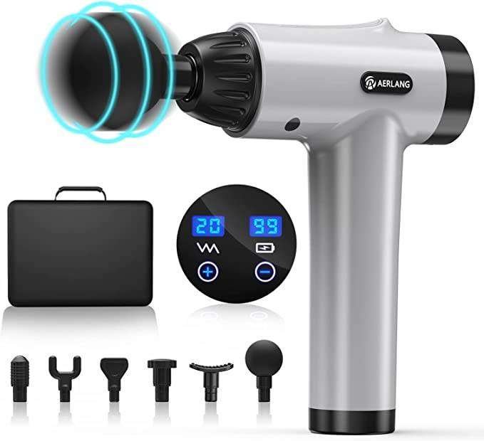 Light Silver Massage Gun + 6 Replacement Heads, 20 Speeds + Box Storage Carry Case