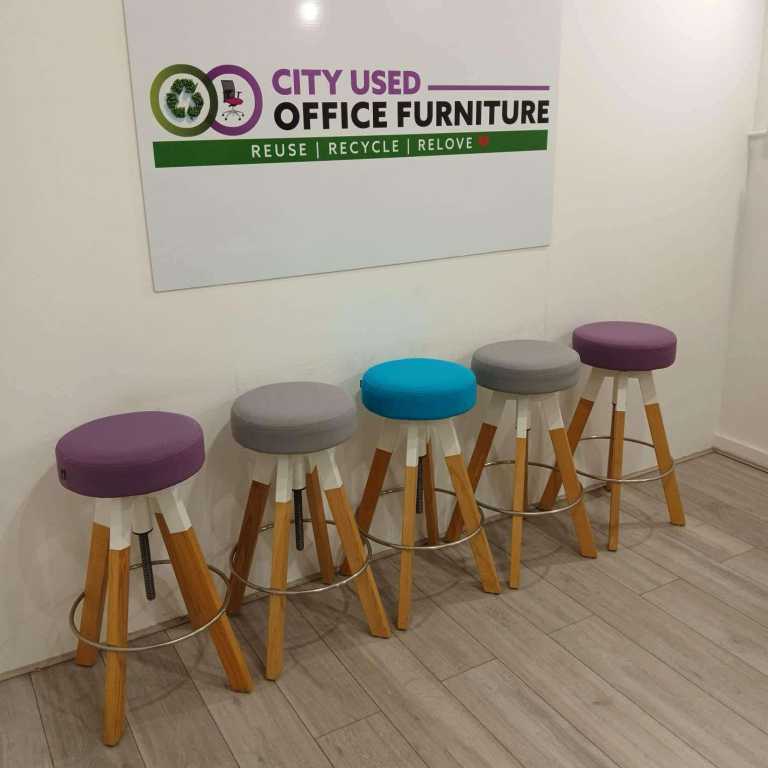 BEJOT Barstool - Height Adjustable, Rotatable Seat, Blue / Grey / Purple Fabric