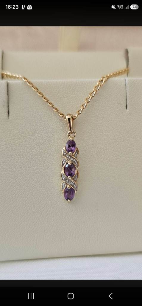 9ct gold amethyst and diamond pendant and chain 
