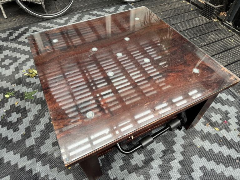 Coffee Table mahogany wood with glass top, led light inserts 