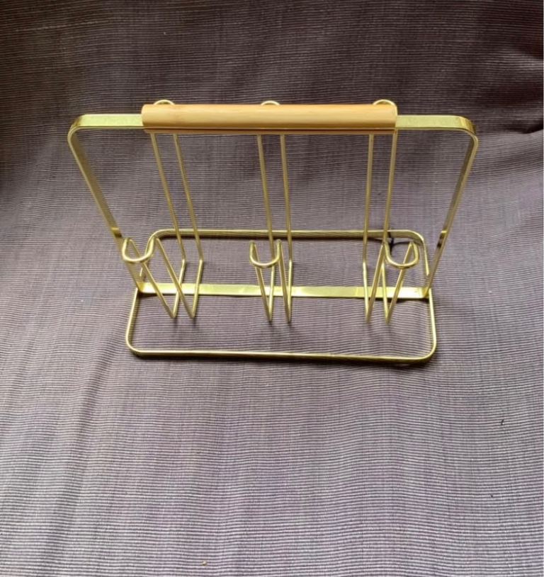 New Gold Metal & Wood Handle Glasses Rack / Holder