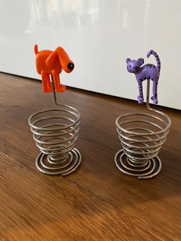 Pair of Spiral Spring Holder Metal Cat & Dog Egg Cups