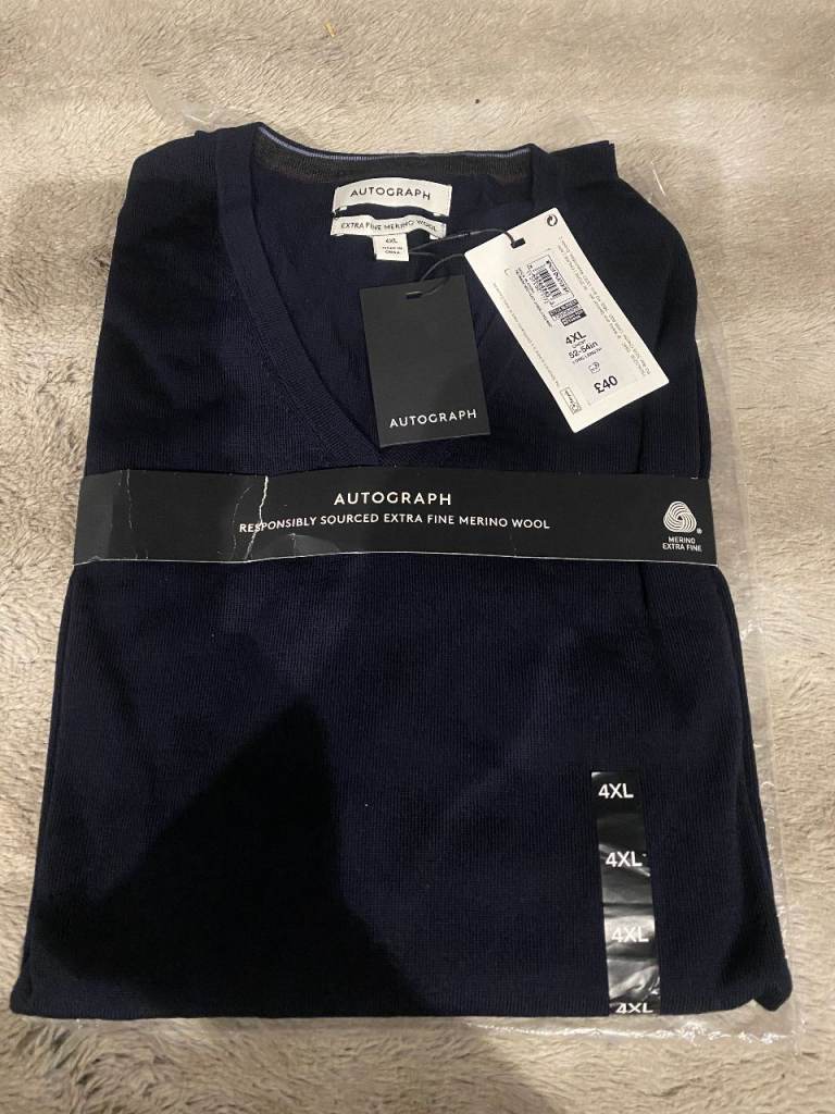 image for Marks & Spencer Mens Autograph Brand New 4XL 52 inch Chest Merino Wool V Neck Sweater