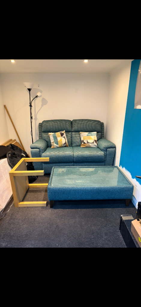 image for Blue fabric two seater sofa and matching glass top coffee table