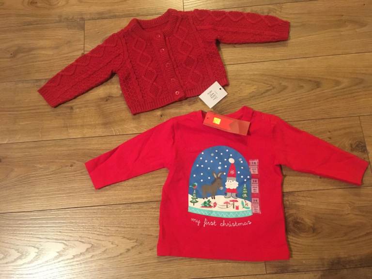 NEW 3-6 MONTHS BABY GIRL CHRISTMAS TOPS : M&S tee & GEORGE red glittery cardigan