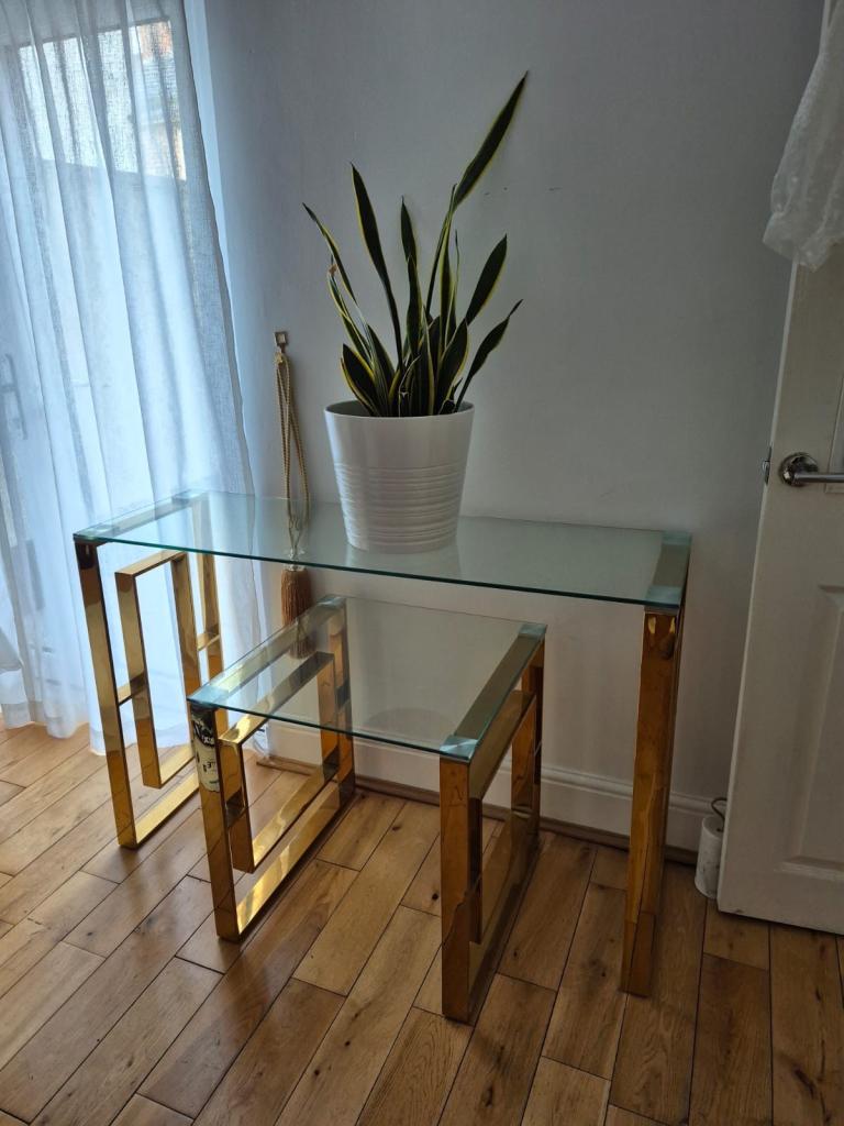 Gold Console Table with Glass Top – Good Condition