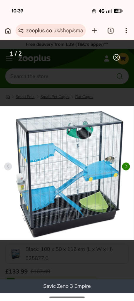 USED Savic Zeno 3 animal cage with litter food and bedding for rats included
