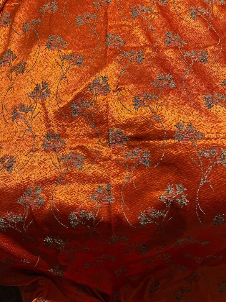  Vintage orange/red sateen fabric / 2 long lined curtains 40s/50s (& unused as new piece for £35))
