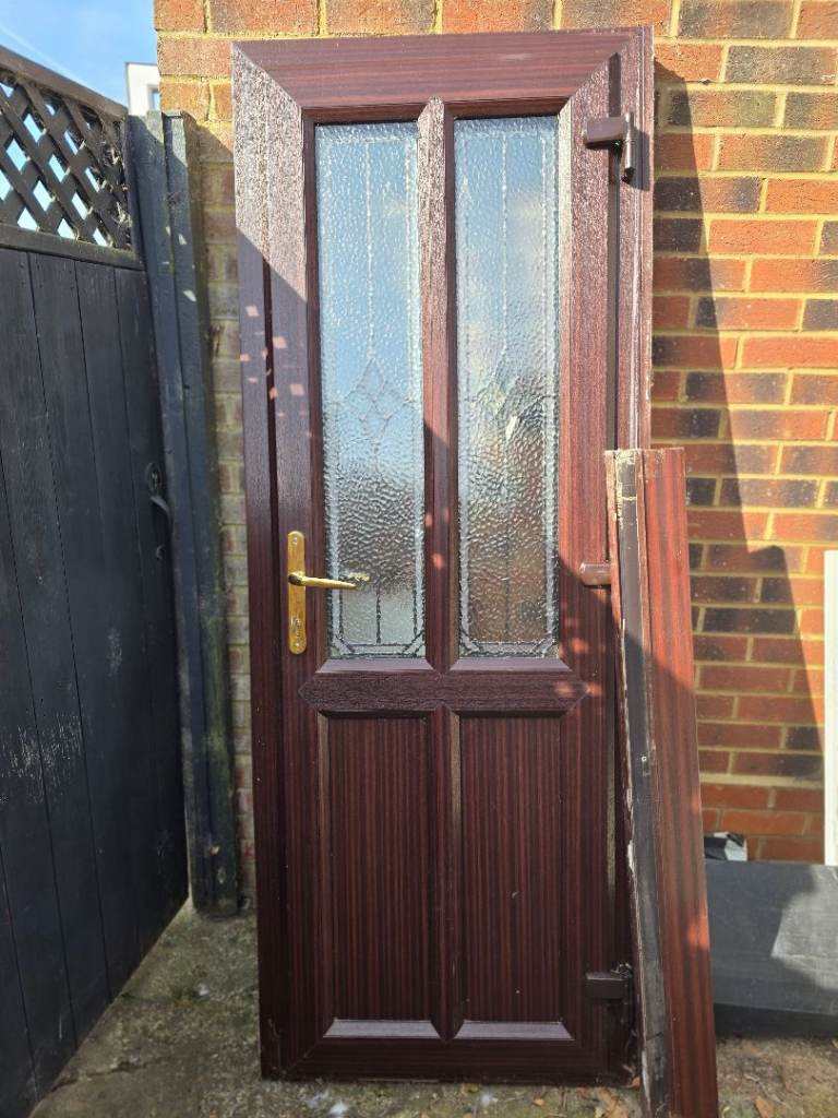 NARROW BROWN WOODGRAIN UPVC DOUBLE GLAZED REAR/GARAGE DOOR