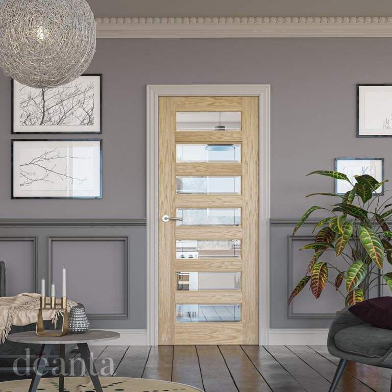 Biarritz Fully Finished Internal Oak Door with Clear Bevelled Glass 35BIAGXFSC