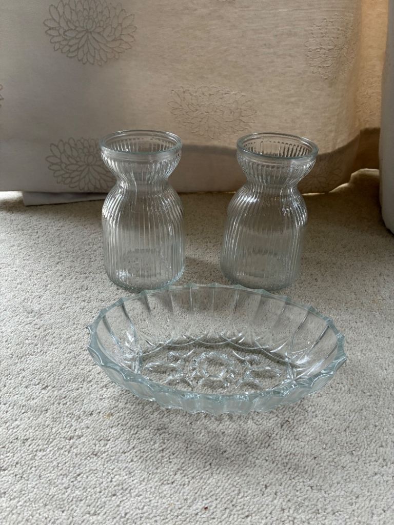 Two small glass vases and small glass scalloped edge dish. £10 the lot. Collect Fulham 