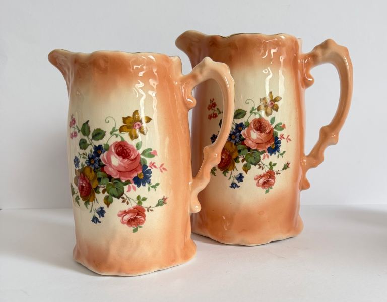 Matching Pair Of Vintage Royal Stafford Lustreware Pitcher / Jugs Peach & Rose Colour