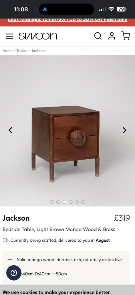 Swoon Jackson Bedside Table, Light Brown Mango Wood & Brass
