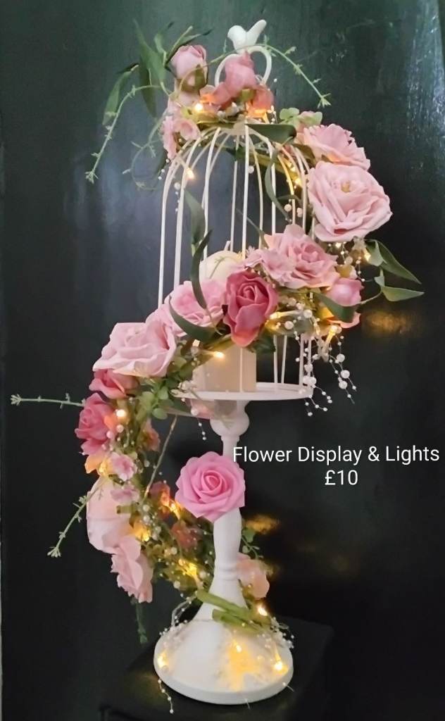 Decorative Birdcage with Artificial Pink Flowers and Fairy Lights