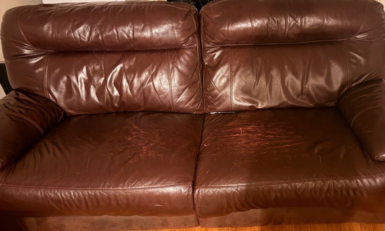 Brown Leather 2-Seater Sofa – Well-Used but Functional