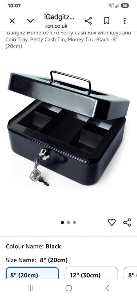Black 8" (20cm) Petty Cash Box with Keys and Coin Tray