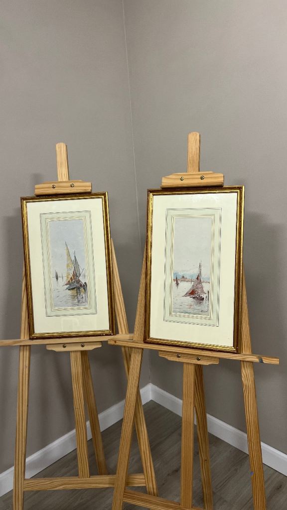 Pair Signed Original Watercolour Pictures of Sailing Boats Coastal Scenes
